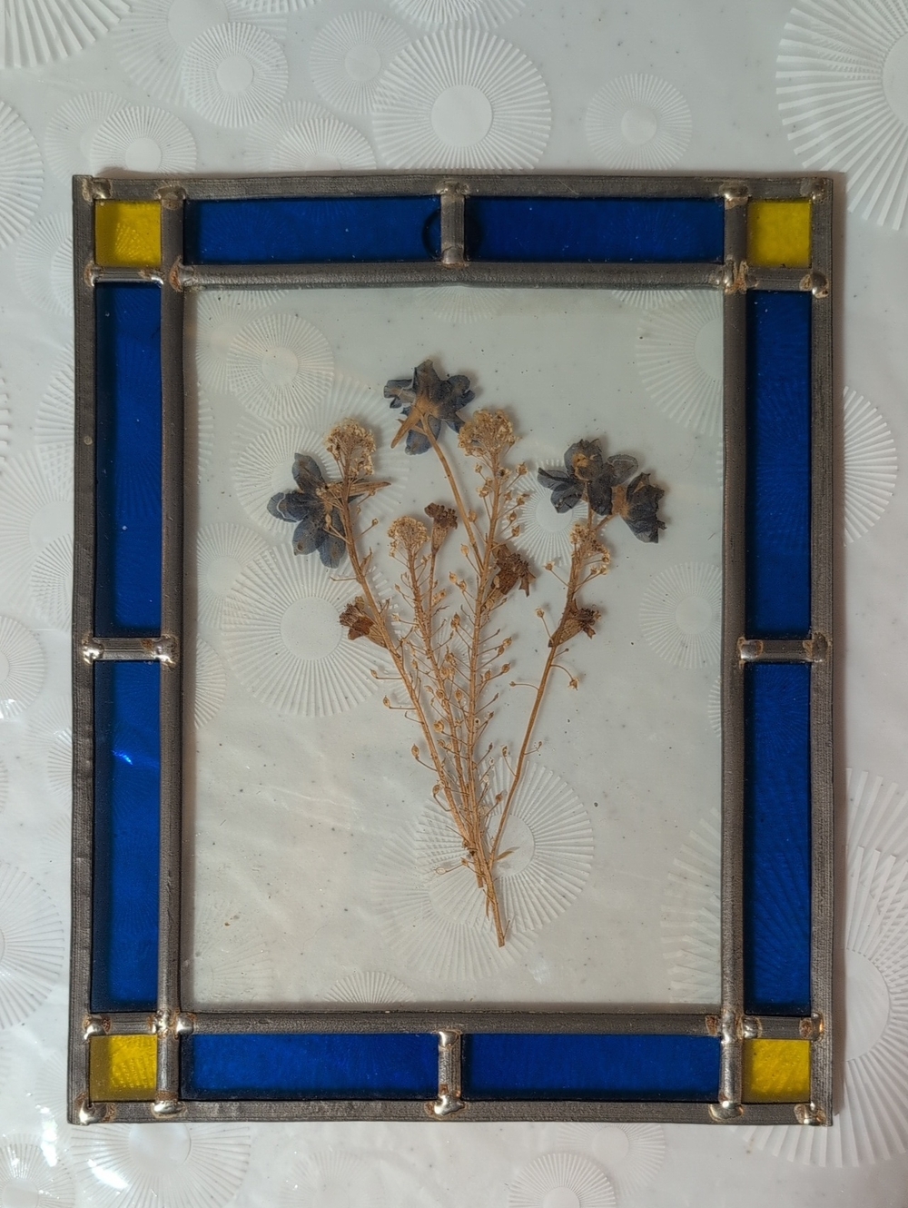 Framed Pressed Flower Art with Blue and Yellow Stained Glass Border
